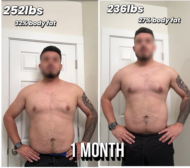 Before and after body transformation photos showing weight loss from 252 lbs to 238 lbs in one month