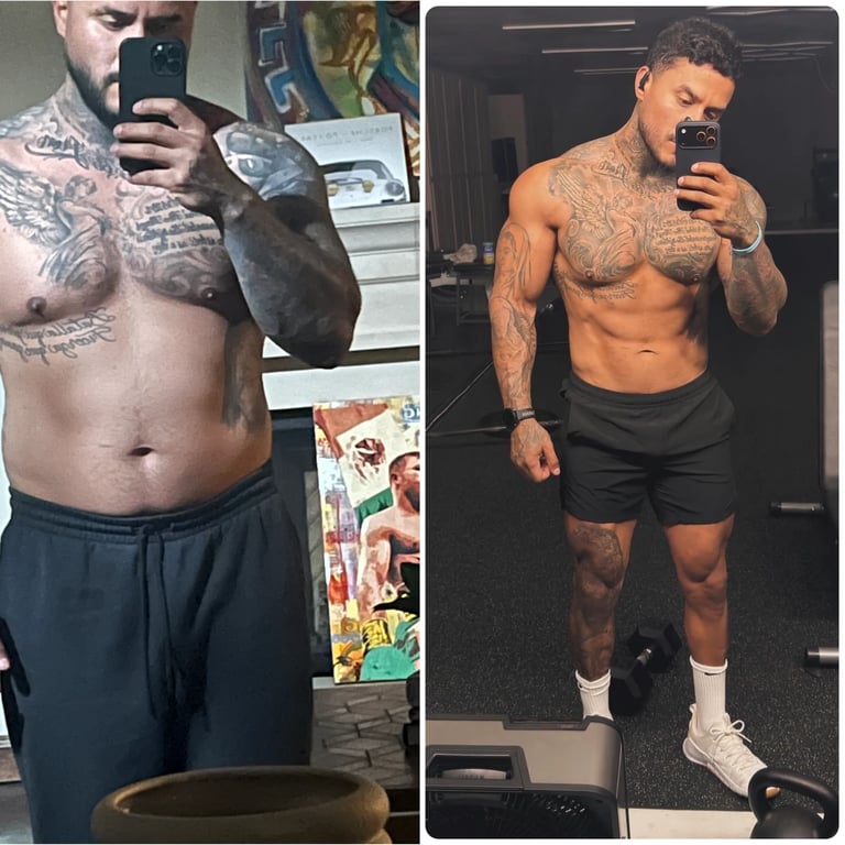 Before and after fitness transformation comparison showing muscular development and body composition changes